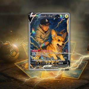 May include: A trading card featuring an illustration of a person in a baseball cap and hoodie alongside a Corgi dog. The card displays the text Jerome's Riley V, 312 HP, Ability Battle Bond, and Flash Zoomies 150, set against a background of lightning.