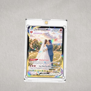 Personalized holographic Pokémon-style anniversary card displayed in a clear magnetic protective case.