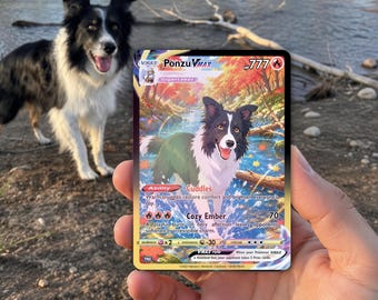 Gepersonaliseerde huisdierkaart in Pokémon-stijl – Metalen aandenken met hondenfoto (holografisch)