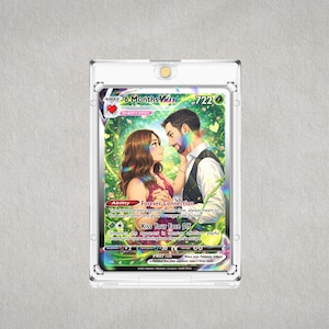Personalized couple Pokémon-style card in protective display case, custom romantic anime trading card gift for anniversary, Valentine’s Day, or special occasion