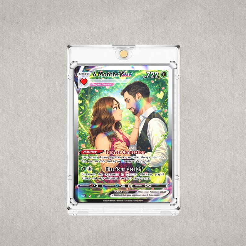 Personalized couple Pokémon-style card in protective display case, custom romantic anime trading card gift for anniversary, Valentine’s Day, or special occasion