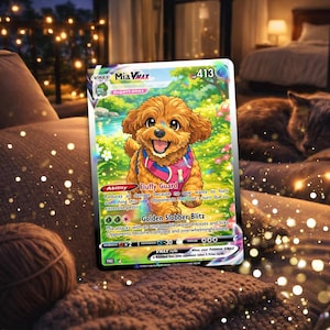 Custom pet Pokémon-style card featuring a cute dog in a cozy home setting, personalized anime trading card gift for pet lovers, birthday or Christmas gift