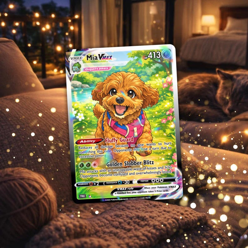 Custom pet Pokémon-style card featuring a cute dog in a cozy home setting, personalized anime trading card gift for pet lovers, birthday or Christmas gift
