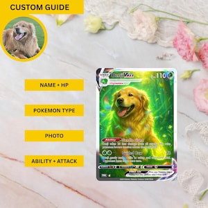 Custom Pokémon card design guide featuring a golden retriever named Benji on a VMAX-style card; infographic shows editable elements including name, HP, Pokémon type, photo, ability, and attack