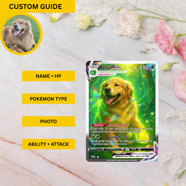 Custom Pokémon card design guide featuring a golden retriever named Benji on a VMAX-style card; infographic shows editable elements including name, HP, Pokémon type, photo, ability, and attack