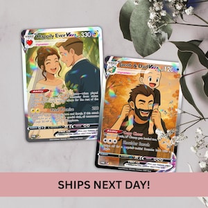 May include: Two Pokemon VMAX cards. One features a couple at a wedding, the other a father and child. The cards have holographic accents and include the text "Happily Ever VMAX" and "Jacob & Dad VMAX". The cards are set against a floral background.