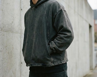 Vintage Washed Frayed Hem Hoodie, Heavyweight Cotton Blend Oversized Unisex Distressed Streetwear