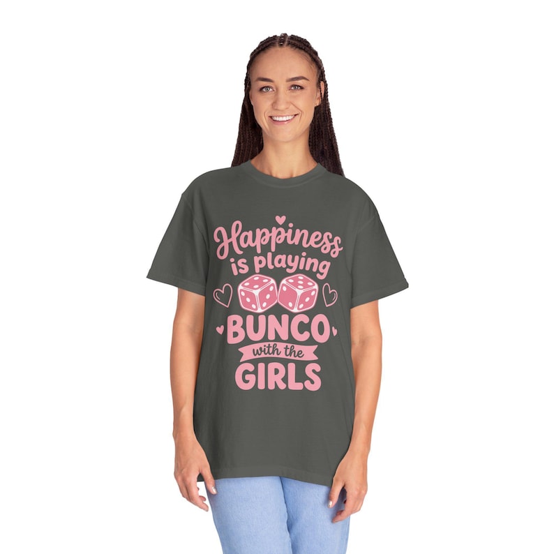 Bunco shirt women Happiness Is Playing Bunco With the Girls pink dice design on black Comfort Colors garment-dyed tee