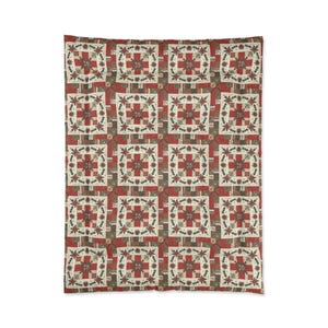 May include: A red, green, and cream-colored quilt with a repeating pattern of squares. Each square features a red cross design surrounded by green holly and red poinsettias. The quilt has a patchwork design, perfect for holiday decor.