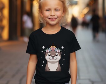 Youth Flower Crown Otter Shirt, Princess Otter Kids Cotton Tee, Pastel Kawaii Animal Top, Unisex Kids, T Shirt Playful Graphic Daily Wear