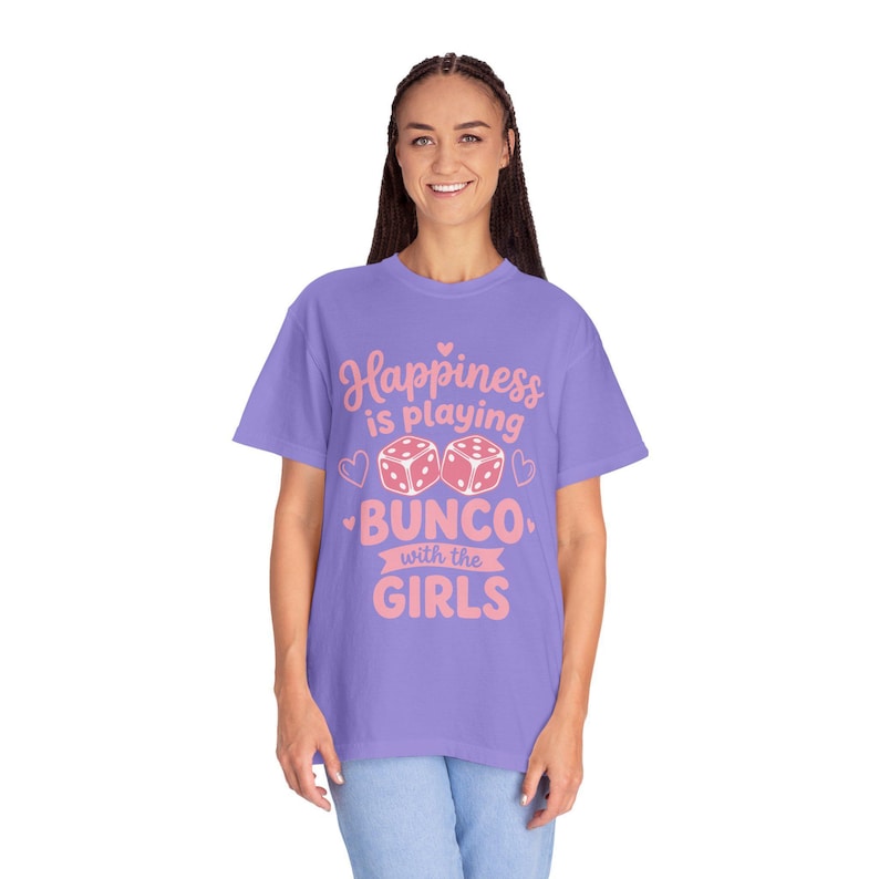 Bunco shirt women Happiness Is Playing Bunco With the Girls pink dice design on black Comfort Colors garment-dyed tee