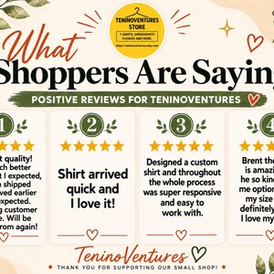 TeninoVentures customer review graphic featuring four 5-star reviews for quality T-shirts, custom shirts, fast shipping, responsive service and hoodies, highlighting positive feedback from happy Etsy shoppers.
