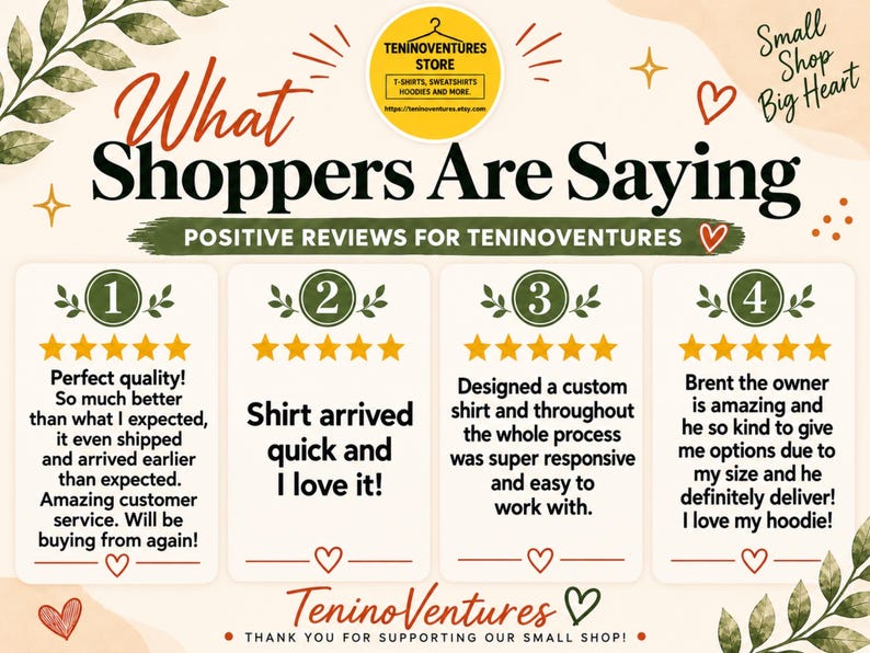 TeninoVentures customer review graphic featuring four 5-star reviews for quality T-shirts, custom shirts, fast shipping, responsive service and hoodies, highlighting positive feedback from happy Etsy shoppers.
