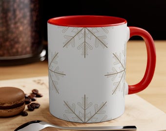 Snowflake Winter Mug, Holiday Coffee Cup | Ceramic, Red Interior, 11oz & 15oz Sizes