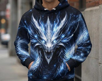 Gothic Blue Fire Dragon Hoodie, Dark Fantasy All Over Print