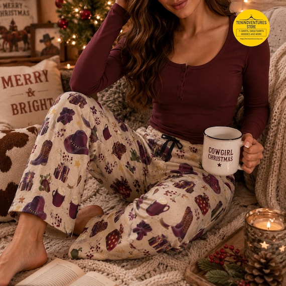 Cowgirl Christmas Pajama Pants | Western Holiday Lounge Bottoms, Womens Pajama Pants Home Lounge Sleep Style