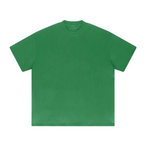 Heavyweight fruit green drop shoulder t-shirt size chart with unisex measurements, 425 GSM cotton details, care instructions, and fit guide.