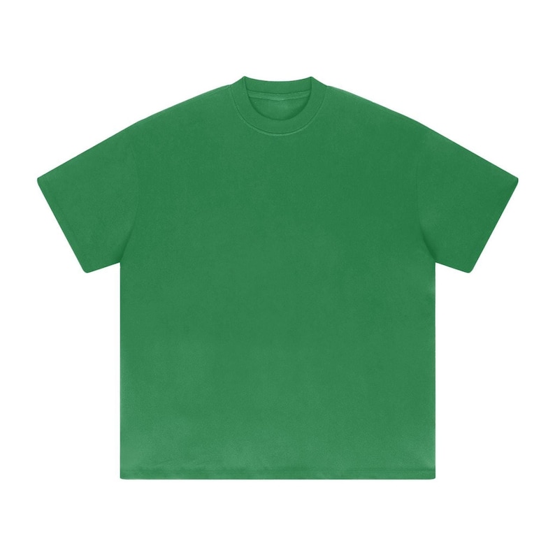 Heavyweight fruit green drop shoulder t-shirt size chart with unisex measurements, 425 GSM cotton details, care instructions, and fit guide.
