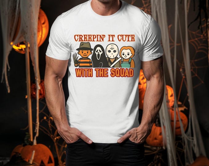 Featured listing image: Vintage horror movie characters shirt | spooky Halloween squad tee | horror icons chibi design | Halloween group costume tee