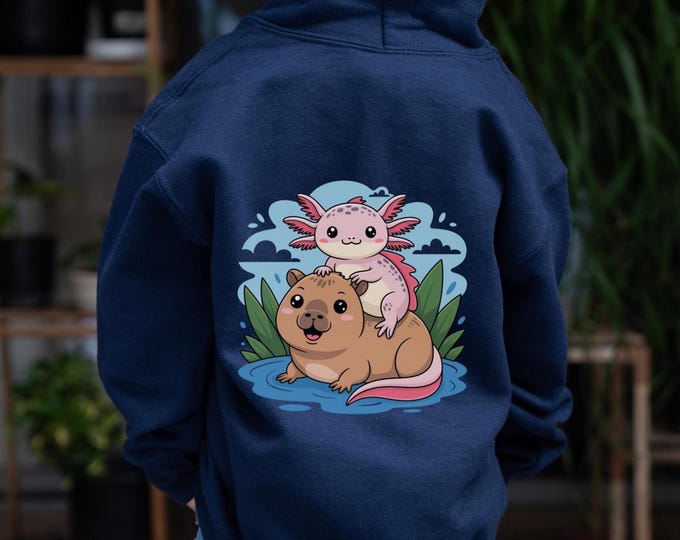 Featured listing image: Kids Axolotl Capybara Hoodie, Cartoon Animal Pullover Sweatshirt, Boys, Girls, Youth