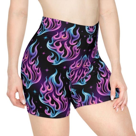 Neon Purple and Blue Cosmic Flames Women's Spandex Biker Shorts XS