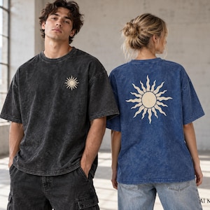 Models showing black and dark blue acid wash oversized T-shirts with custom left-chest and large back print placement options.