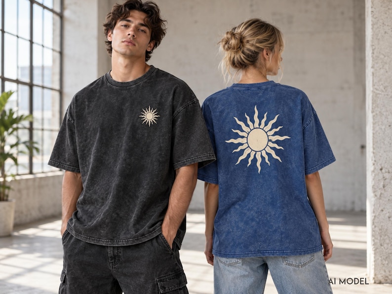 Models showing black and dark blue acid wash oversized T-shirts with custom left-chest and large back print placement options.