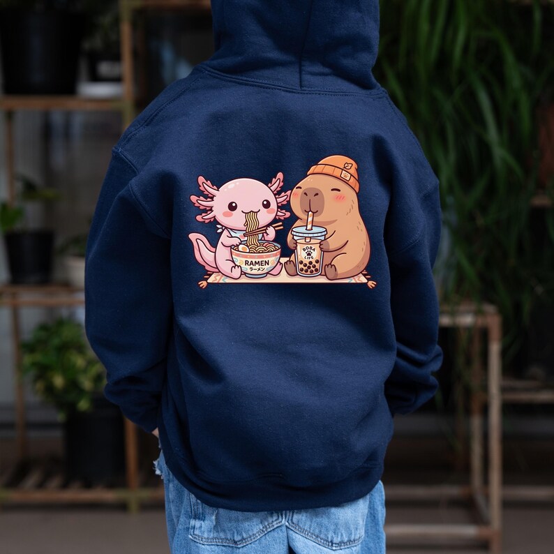 kid wearing navy Axolotl capybara kids hoodie kawaii ramen boba design