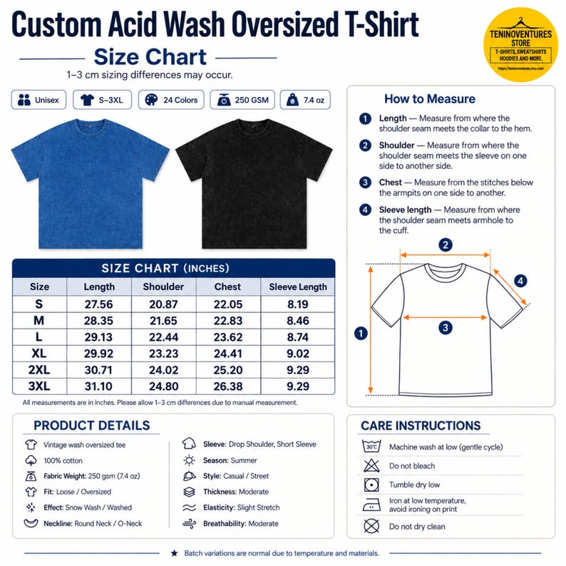 Custom acid wash oversized T-shirt size chart for unisex S–3XL, showing length, shoulder, chest and sleeve measurements in inches, plus how-to-measure guide, 100% cotton 250 GSM fabric details and garment care instructions.
