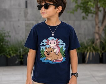 Axolotl Capybara Shirt Kids Animal Tee, Cutecore Kawaii Friendship Youth Tshirt, Grandkids Gift