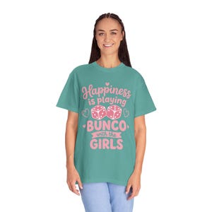 Bunco shirt women Happiness Is Playing Bunco With the Girls pink dice design on black Comfort Colors garment-dyed tee