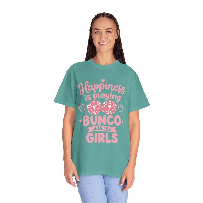 Bunco shirt women Happiness Is Playing Bunco With the Girls pink dice design on black Comfort Colors garment-dyed tee