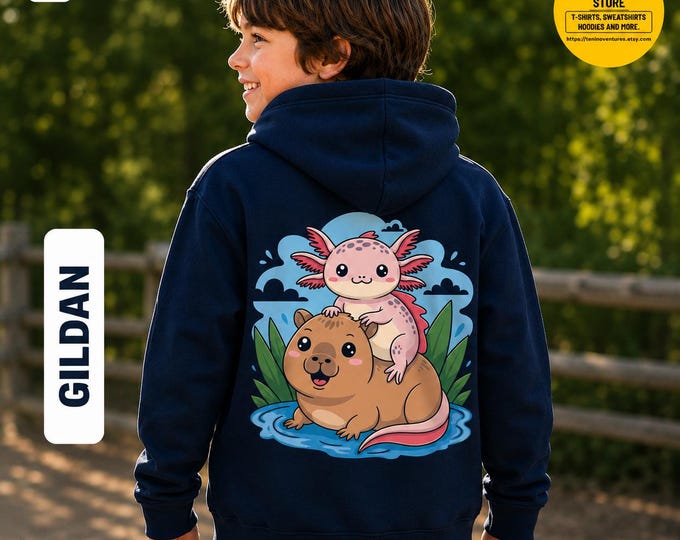 Featured listing image: Axolotl Capybara Hoodie, Kids Kawaii Sweatshirt, Youth Animal Pullover, Cute Capybara Shirt, Tween Graphic Hoodie, Boy Girl Animal Top