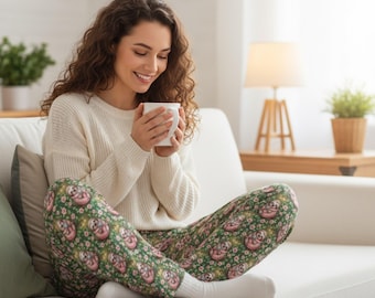 Pantalones de pijama con estampado floral de perezoso / Ropa de dormir cómoda para mujer, pantalones de pijama para estar en casa, ropa de dormir cómoda