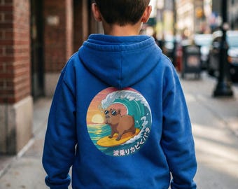 Surfing Capybara Kids Hoodie Funny Animal Lover Gift Retro Sunset Beach Surf Youth Pullover Japanese Style Graphic Sweatshirt
