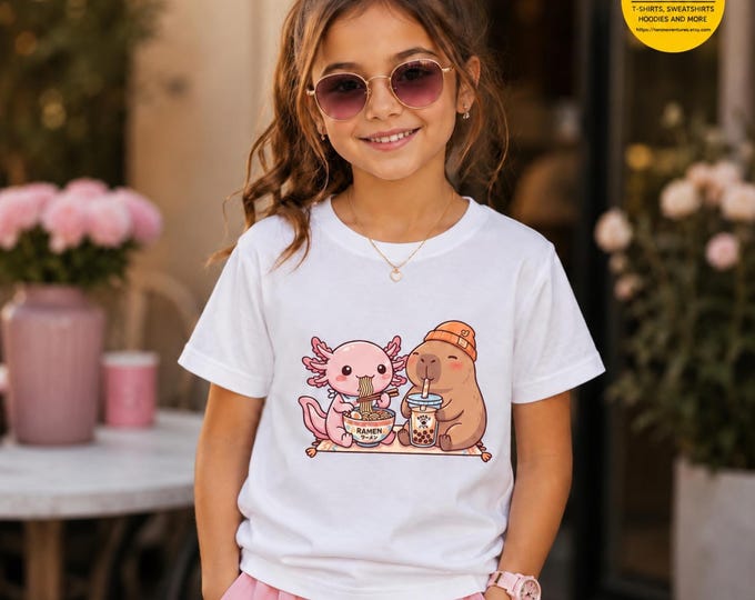 Featured listing image: Axolotl Capybara Boba Kids Shirt: Animal Tee, Cutecore Kawaii Friendship Shirt, Bubble Tea Lover Gift, Cozy Cartoon Animal Shirt
