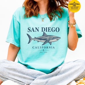 Woman wearing a chalky mint Comfort Colors 1717 T-shirt featuring a vintage navy shark illustration, San Diego California lettering, and a small anchor on a white background.