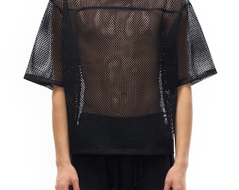 Boxy T-shirt met doorschijnend gaas, uniseks doorzichtig streetwear-net T-shirt, heren- en dameskleding