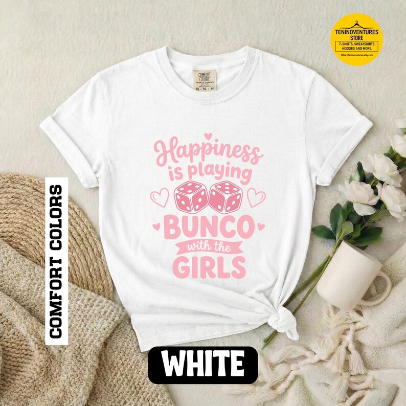 Bunco shirt women Happiness Is Playing Bunco With the Girls pink dice design on black Comfort Colors garment-dyed tee