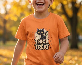 Kids Halloween T-Shirt, Spooky Black Cat Trick or Treat Tee, Spooky Shirt, Halloween Party Tee, Pumpkin Pac Man Shirt, Spooky Ghost Tee