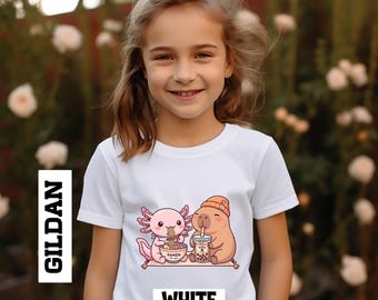 Camiseta infantil de ajolote capibara con diseño de boba / Camiseta kawaii de amistad para amantes del té de burbujas / Camiseta acogedora de dibujos animados con animales