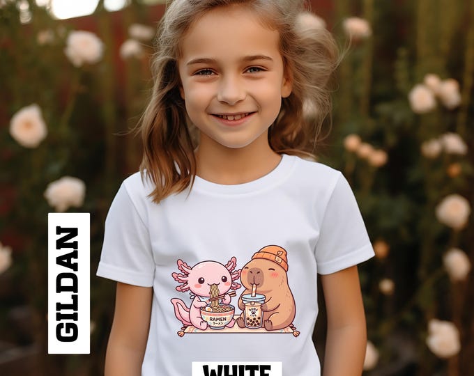 Featured listing image: Axolotl Capybara Boba Shirt Kids Animal Tee | Kawaii Friendship Shirt Bubble Tea Lover Gift Cozy Cartoon Animal Shirt