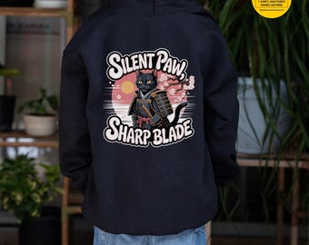 Kids Ninja Cat Hoodie, Samurai Cat Youth Sweatshirt, Silent Paw Sharp Blade Graphic Hoodie, Cool Boys Girls Anime Cat Gift, Japanese Style
