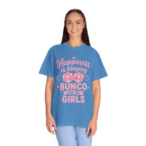 Bunco shirt women Happiness Is Playing Bunco With the Girls pink dice design on black Comfort Colors garment-dyed tee