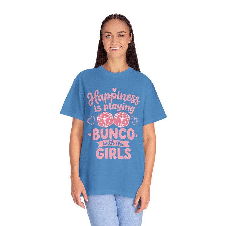 Bunco shirt women Happiness Is Playing Bunco With the Girls pink dice design on black Comfort Colors garment-dyed tee