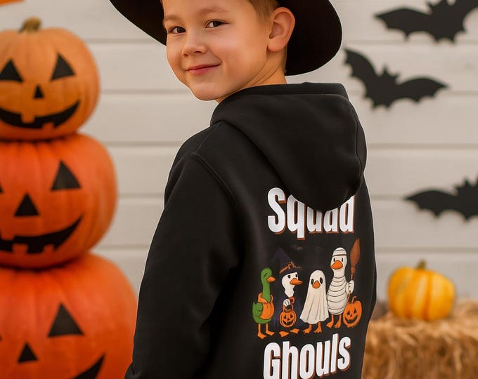 Featured listing image: Squad Ghouls Halloween Kids Hoodie, Unisex Sweatshirt, Spooky Teen Pullover, Scary Youth Jumper, Creepy Group Costume