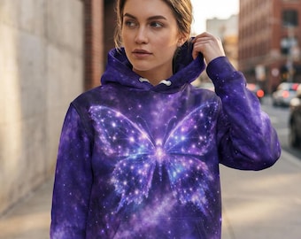 Sudadera con capucha Purple Galaxy Butterfly, estampado integral unisex, estilo urbano con estética cósmica celestial.