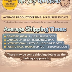 An informational shipping times graphic with a sky and clouds background detailing production and delivery timeframes for various regions.