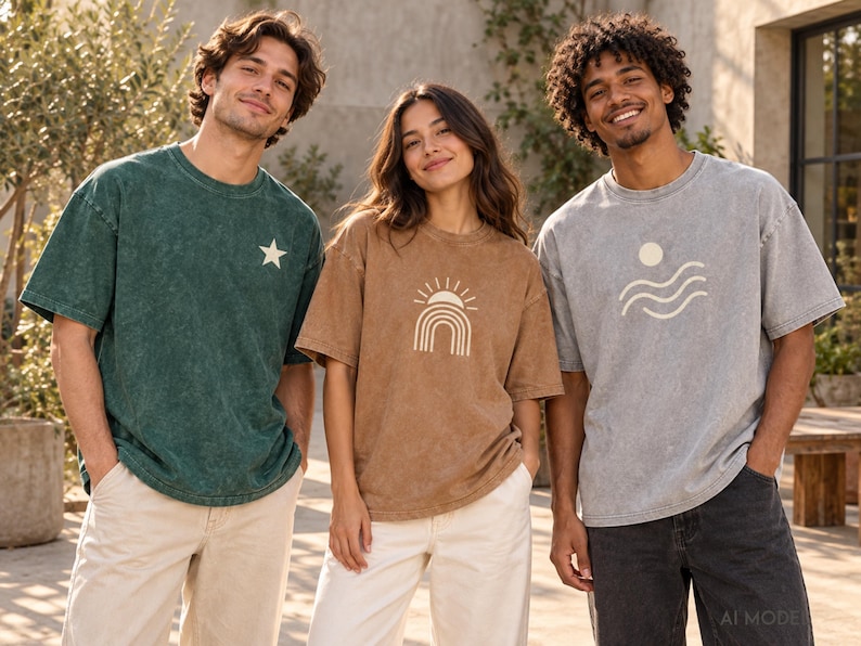 Three models wearing custom acid wash oversized T-shirts in dark green, light brown, and light gray with personalized printed graphics.