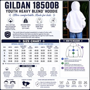 Gildan 18500B size and detail chart for Axolotl Capybara Boba Kids Hoodie